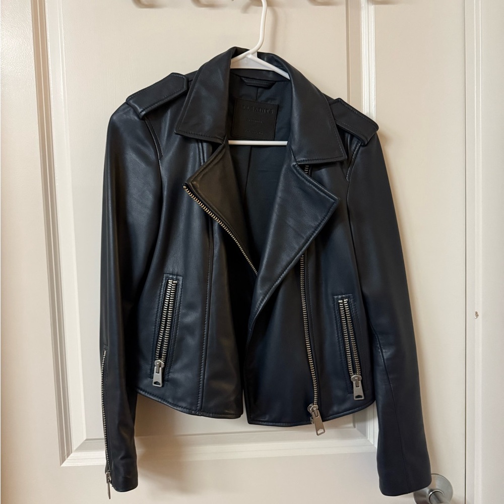 All Saints Dark Navy Leather Biker Jacket Slim Fit